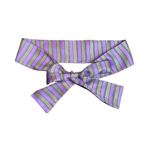 Symphony Scarfs Lilac Purple and Tan Vintage Striped 100% Silk Bow Tie - Picture 1 of 9